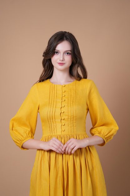 Yellow puff sleeve waist dress - Image 3