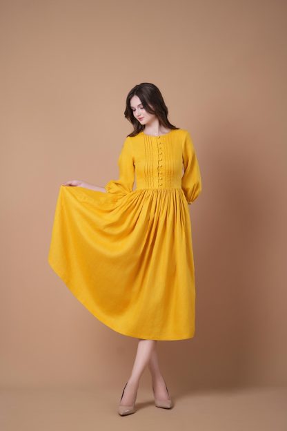 Yellow puff sleeve waist dress - Image 2
