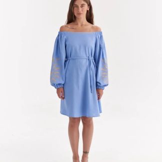 Sky Blue Off-Shoulder Dress with Embroidered Balloon Sleeves