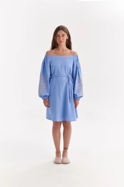 Sky Blue Off-Shoulder Dress with Embroidered Balloon Sleeves