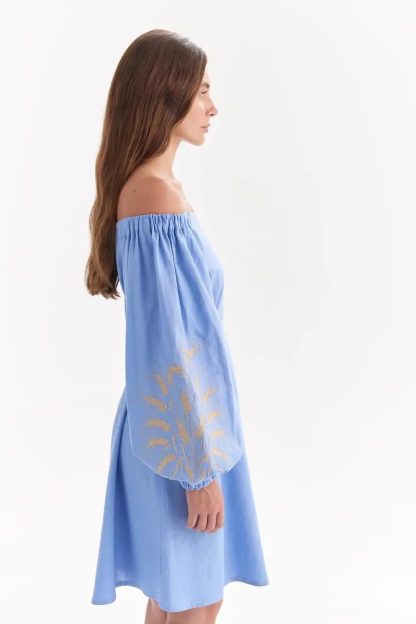 Sky Blue Off-Shoulder Dress with Embroidered Balloon Sleeves - Image 7