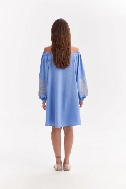 Sky Blue Off-Shoulder Dress with Embroidered Balloon Sleeves - Image 6