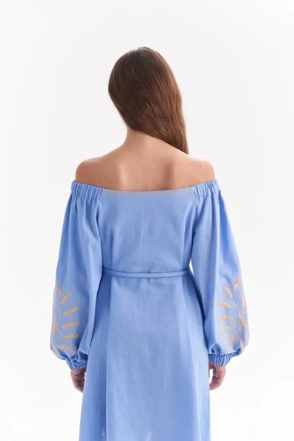 Sky Blue Off-Shoulder Dress with Embroidered Balloon Sleeves - Image 5