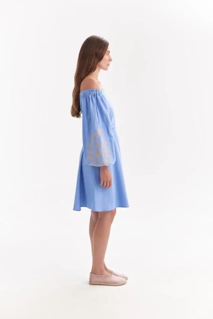 Sky Blue Off-Shoulder Dress with Embroidered Balloon Sleeves - Image 4