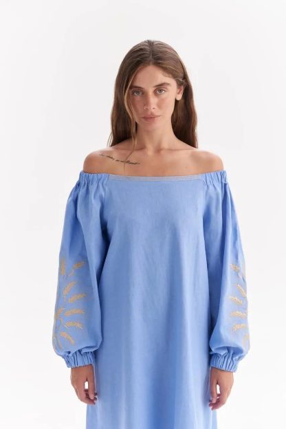 Sky Blue Off-Shoulder Dress with Embroidered Balloon Sleeves - Image 3