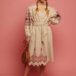 Beige Embroidered Folk Wrap Dress with Red Geometric Motifs