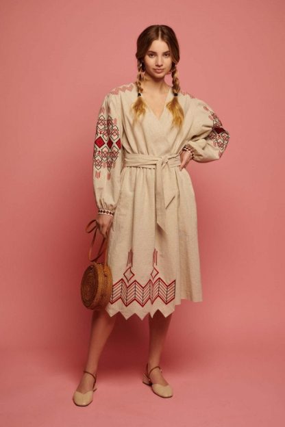 Beige Embroidered Folk Wrap Dress with Red Geometric Motifs