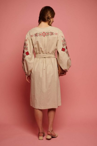 Beige Embroidered Folk Wrap Dress with Red Geometric Motifs - Image 5