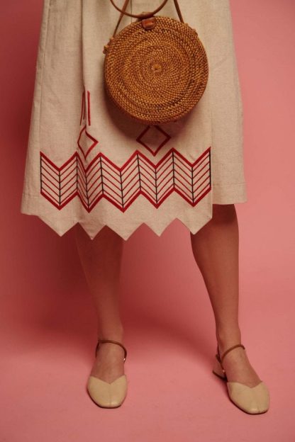 Beige Embroidered Folk Wrap Dress with Red Geometric Motifs - Image 4