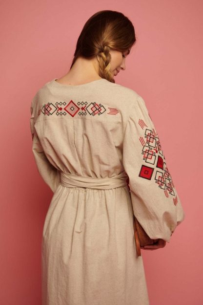 Beige Embroidered Folk Wrap Dress with Red Geometric Motifs - Image 3