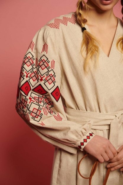 Beige Embroidered Folk Wrap Dress with Red Geometric Motifs - Image 2
