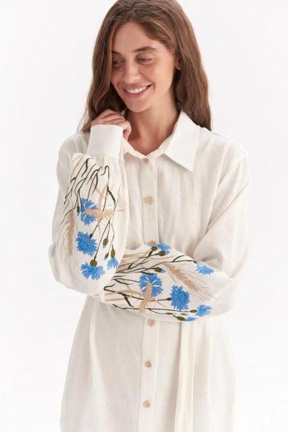 White Embroidered Shirt Dress with Belt - Image 4