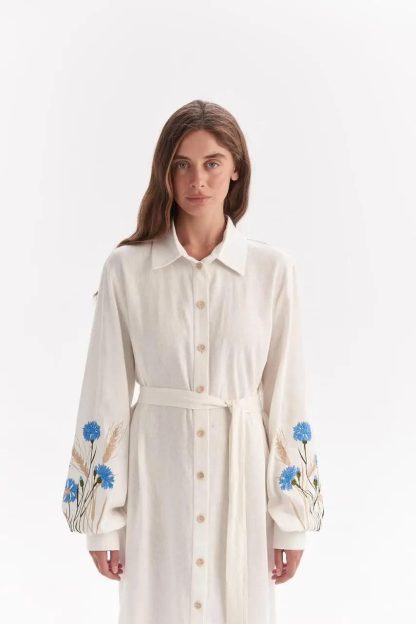 White Embroidered Shirt Dress with Belt - Image 3