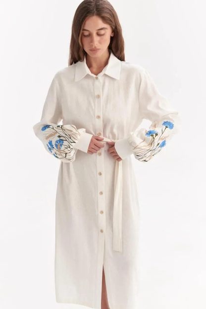 White Embroidered Shirt Dress with Belt - Image 2