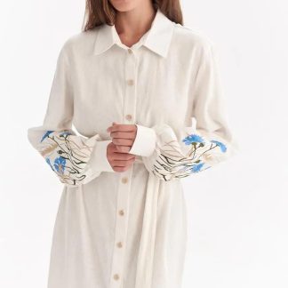White Embroidered Shirt Dress with Belt