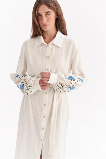 White Embroidered Shirt Dress with Belt