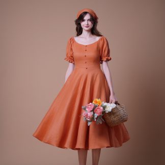 Retro style square neck puff sleeve dress