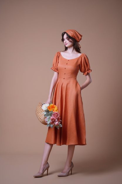 Retro style square neck puff sleeve dress - Image 5