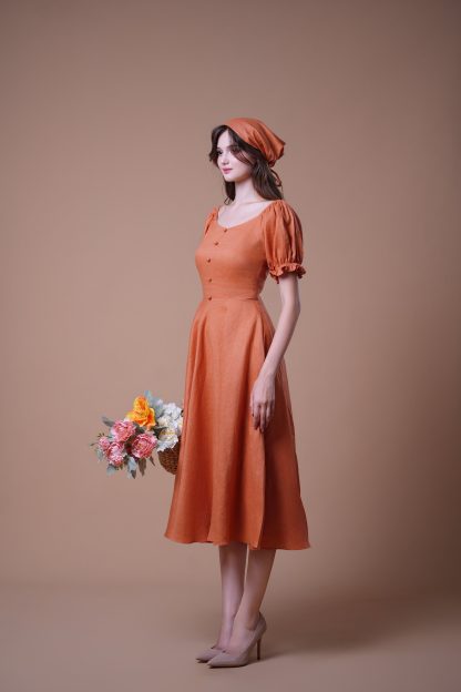 Retro style square neck puff sleeve dress - Image 4