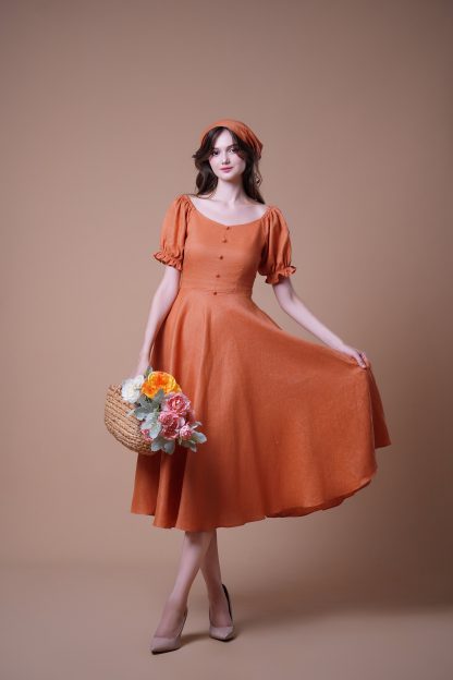 Retro style square neck puff sleeve dress - Image 3