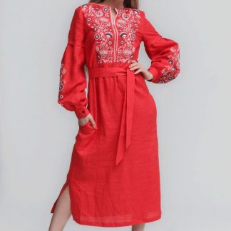 Red Folk Embroidered Midi Dress