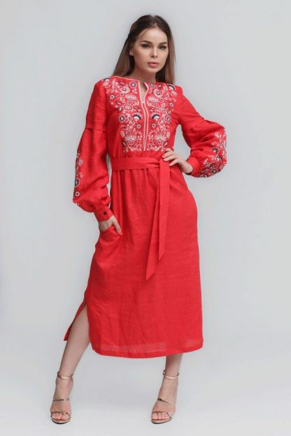 Red Folk Embroidered Midi Dress