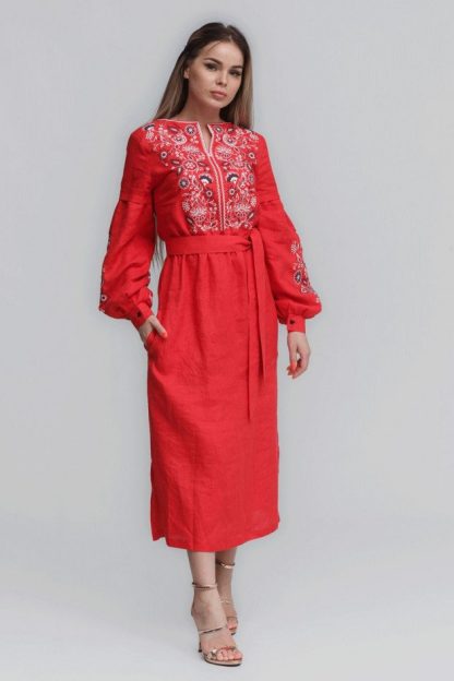 Red Folk Embroidered Midi Dress - Image 3