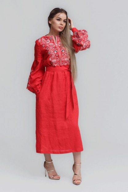 Red Folk Embroidered Midi Dress - Image 5