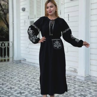 Black Embroidered Folk Maxi Dress with White Detailing