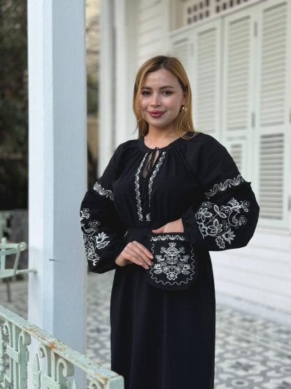 Black Embroidered Folk Maxi Dress with White Detailing - Image 2