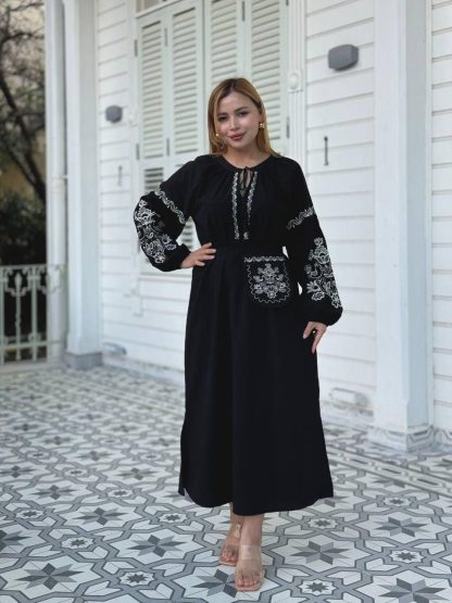 Black Embroidered Folk Maxi Dress with White Detailing - Image 3