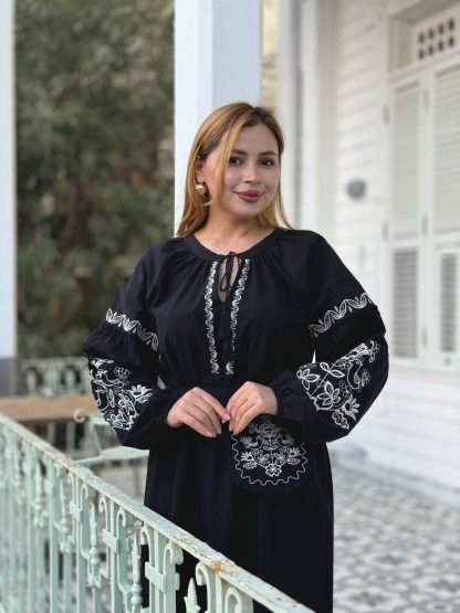 Black Embroidered Folk Maxi Dress with White Detailing - Image 4