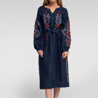 Navy Blue Folk Embroidered Midi Dress with Belt