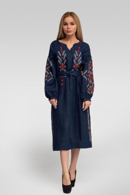 Navy Blue Folk Embroidered Midi Dress with Belt