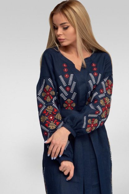 Navy Blue Folk Embroidered Midi Dress with Belt - Image 3