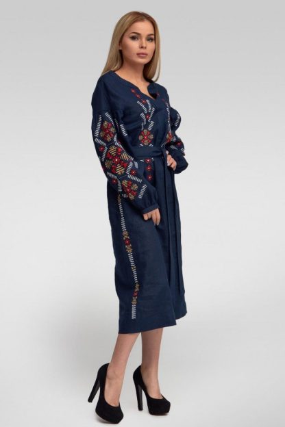 Navy Blue Folk Embroidered Midi Dress with Belt - Image 4