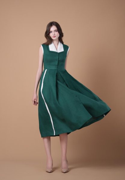 Retro Contrast Sleeveless Dress - Image 6