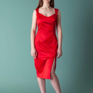 Red satin evening gown