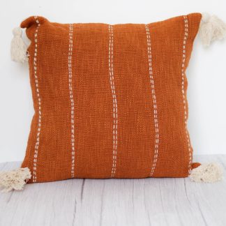 Rust Orange Vertical Stitch Tassel Cushion Cover