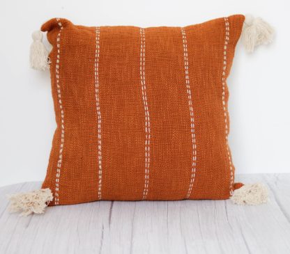 Rust Orange Vertical Stitch Tassel Cushion Cover