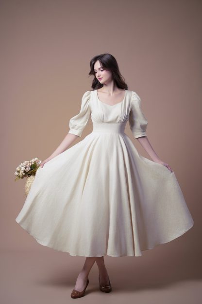 French retro style square neck puff sleeve dress - Image 6