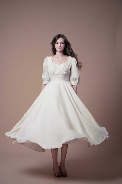 French retro style square neck puff sleeve dress - Image 5