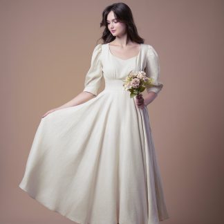 French retro style square neck puff sleeve dress