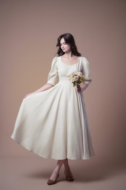 French retro style square neck puff sleeve dress