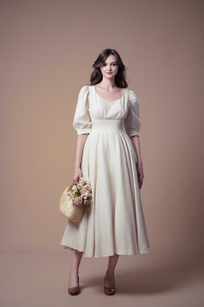 French retro style square neck puff sleeve dress - Image 2