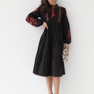 Black Boho Embroidered Midi Dress with Red Floral Accents
