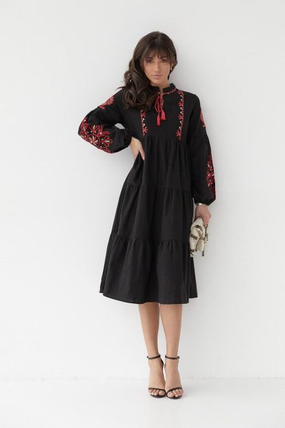 Black Boho Embroidered Midi Dress with Red Floral Accents