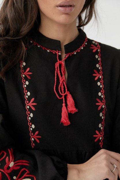 Black Boho Embroidered Midi Dress with Red Floral Accents - Image 2