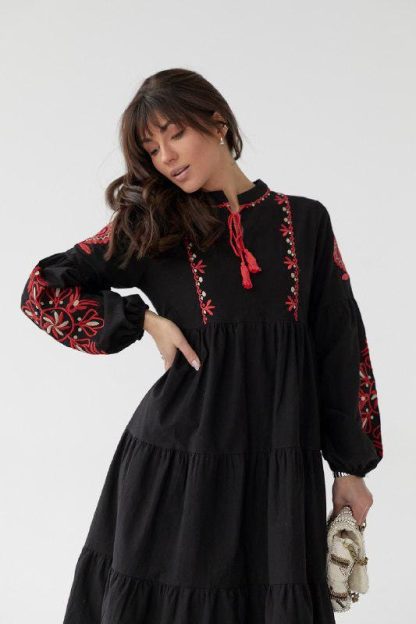 Black Boho Embroidered Midi Dress with Red Floral Accents - Image 3
