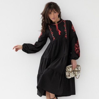 Black Boho Embroidered Midi Dress with Red Floral Accents - Image 4